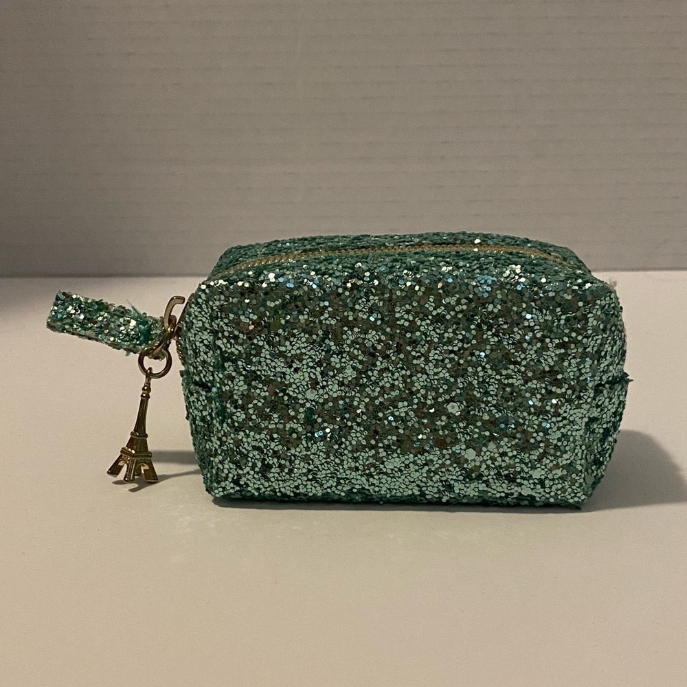 Mini Glitter Top Zip Pouch With Eiffel Tower Charm